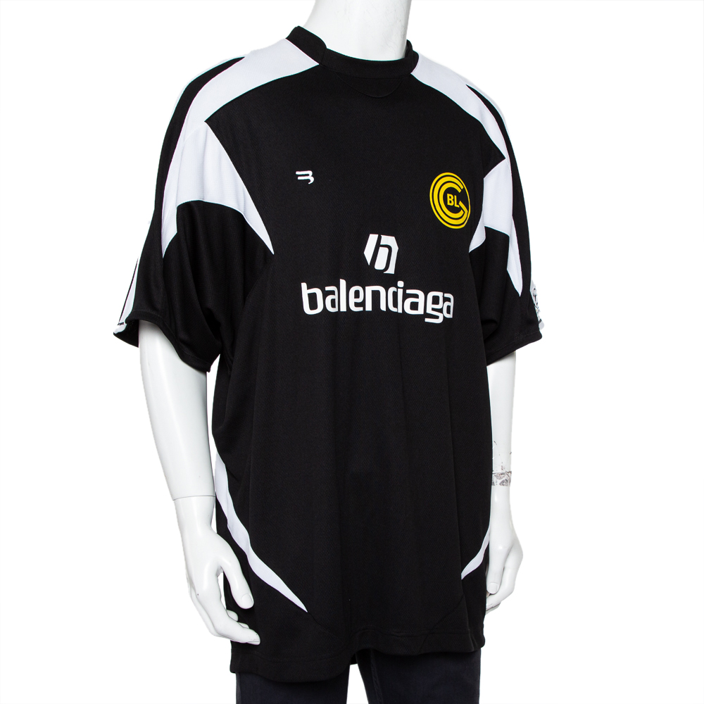 

Balenciaga Black Logo Printed Jersey Paneled Soccer T-Shirt