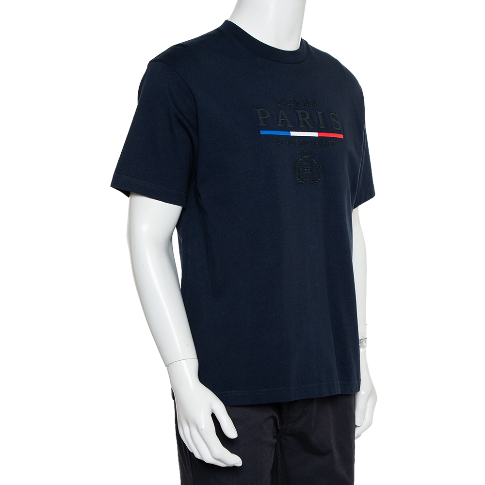 Balenciaga Navy Blue Cotton Crewneck Logo Embroidered T-Shirt