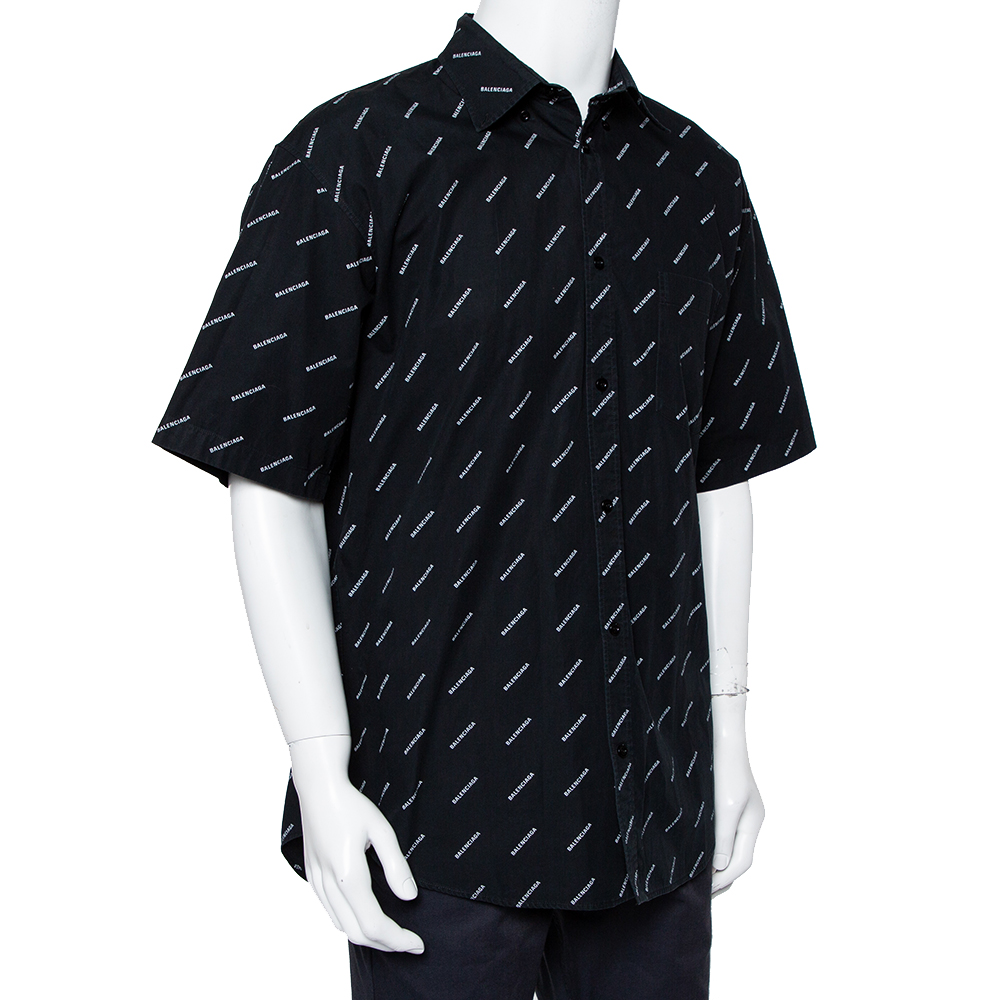 

Balenciaga Black Cotton All Over Logo Printed Oversized Shirt