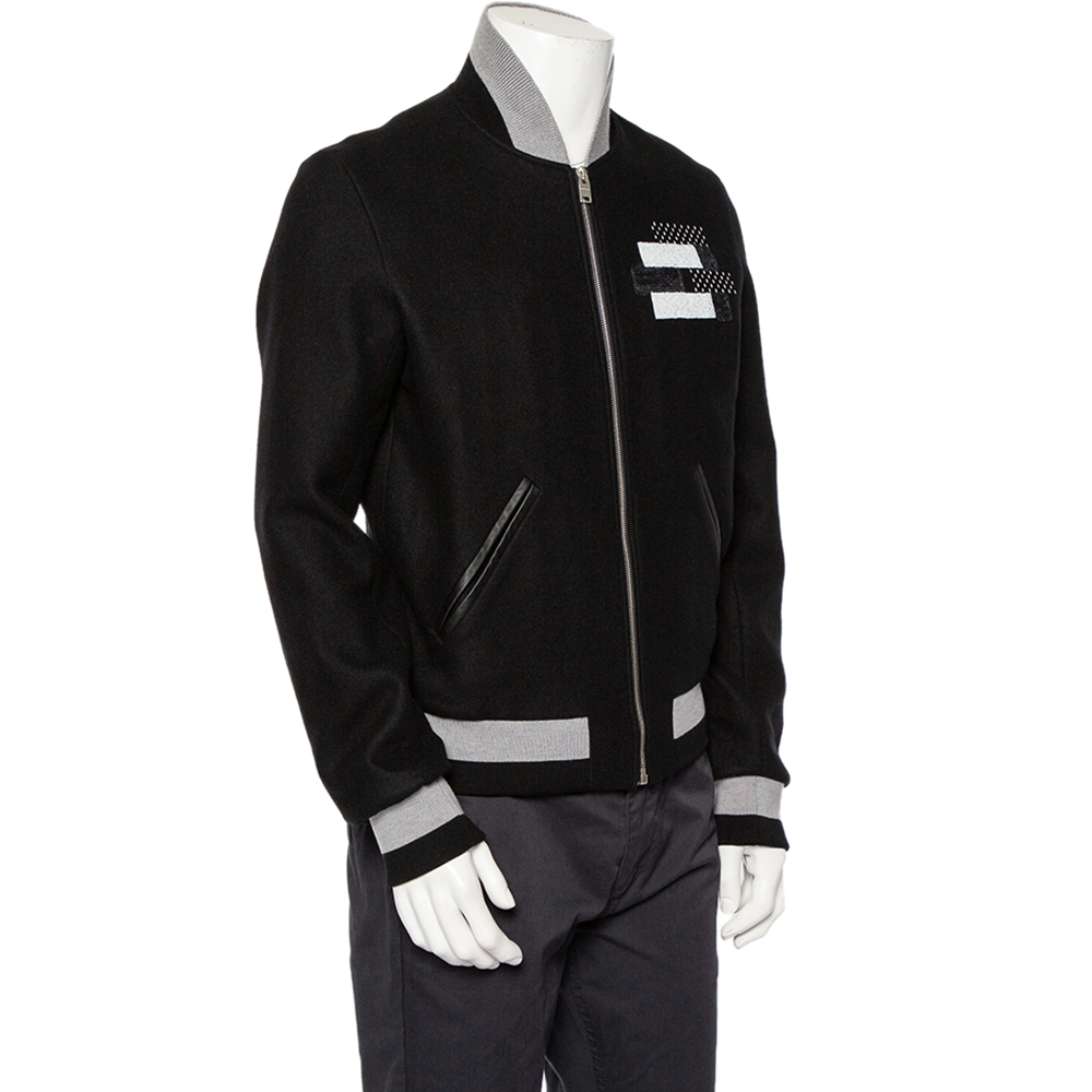 

Balenciaga Black Stretch Wool Applique Detail Bomber Jacket