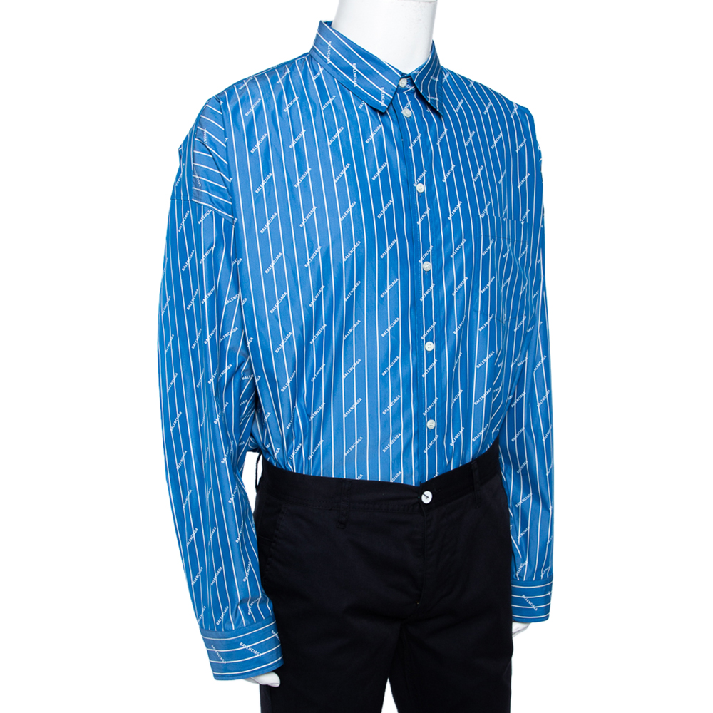 

Balenciaga Blue Logo Striped Cotton Oversized Shirt