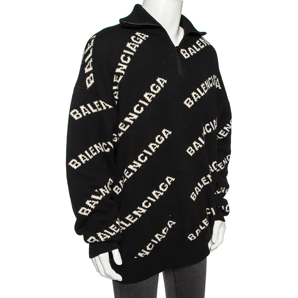 

Balenciaga Black Wool Logo Embroidered Band Collar Detail Sweater