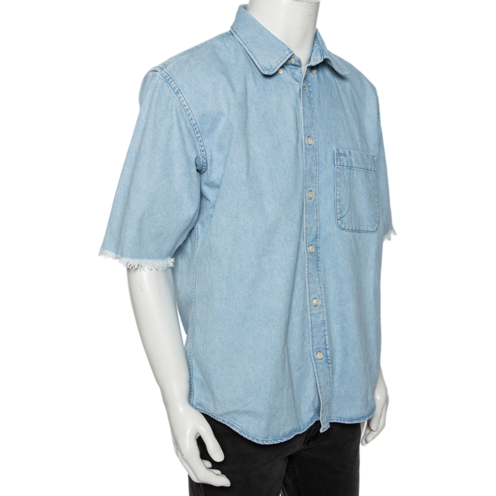 

Balenciaga Blue Denim Frayed Detail Button Front Shirt