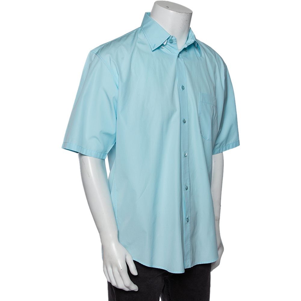 

Balenciaga Light Blue Cotton Logo Print Detailed Short Sleeve Oversized Shirt