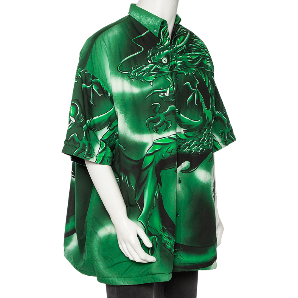 

Balenciaga Green Bal Dragon Printed Cotton Padded Oversized Shirt