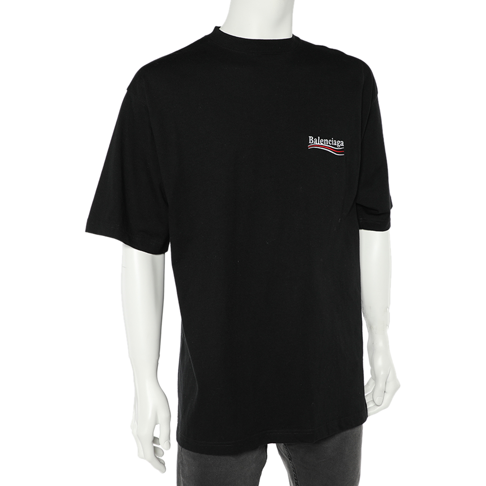 Balenciaga Black Cotton Logo Embroidered Crewneck Oversized T-Shirt