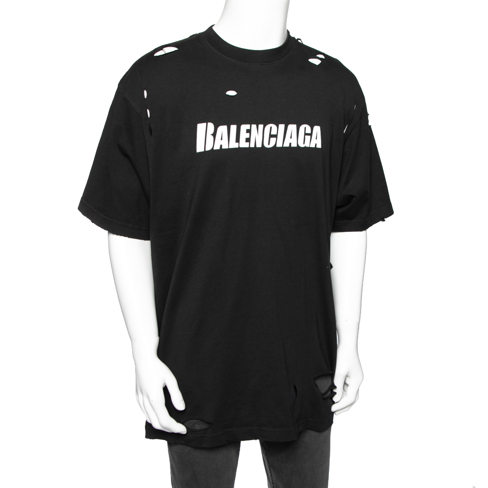 

Balenciaga Black Cotton Caps Destroyed Flatground Crew Neck T-Shirt