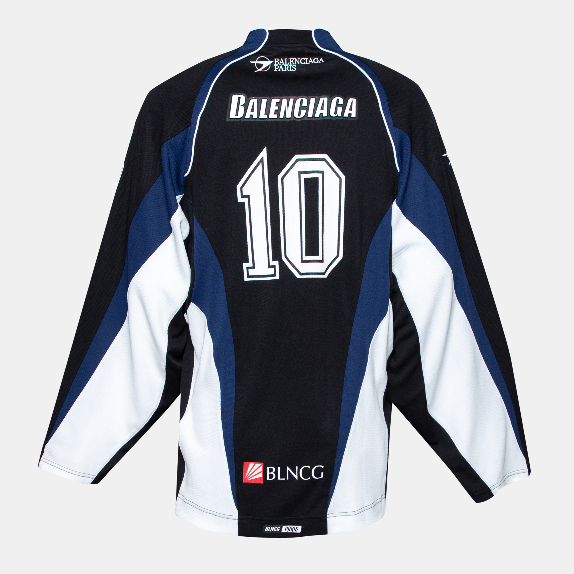 

Balenciaga Color Block Paneled Logo Printed Mesh Jersey Hockey T-Shirt, Black