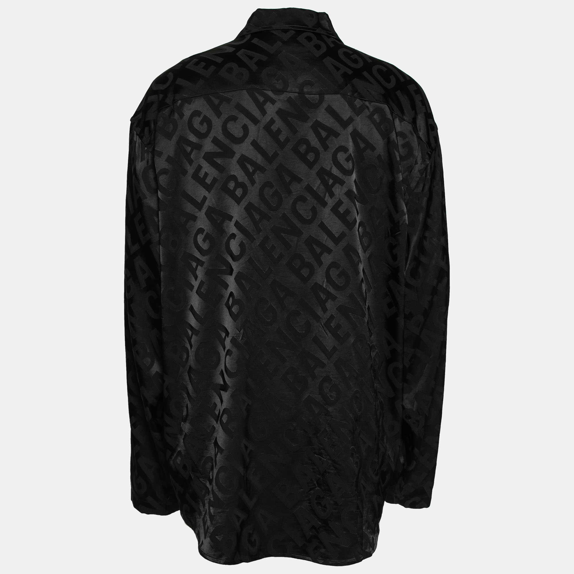 

Balenciaga Black Satin Allover Logo Oversized Long Sleeves Shirt