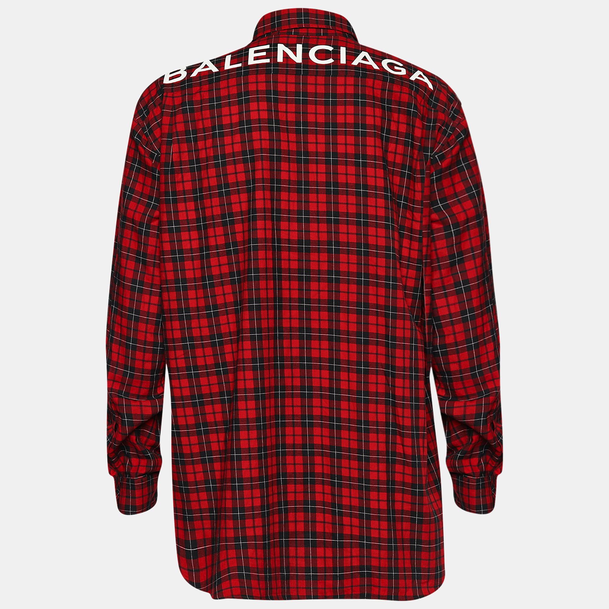 

Balenciaga Red Checked Cotton Logo Print Oversized Shirt