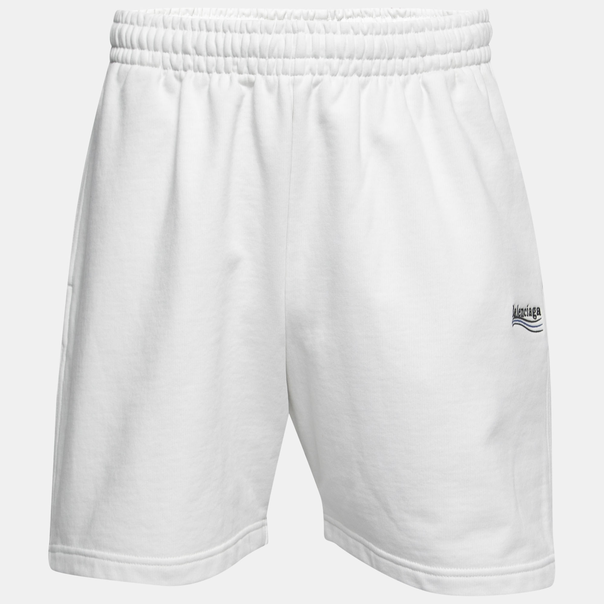 Pre-owned Balenciaga White Logo Embroidered Cotton Shorts S