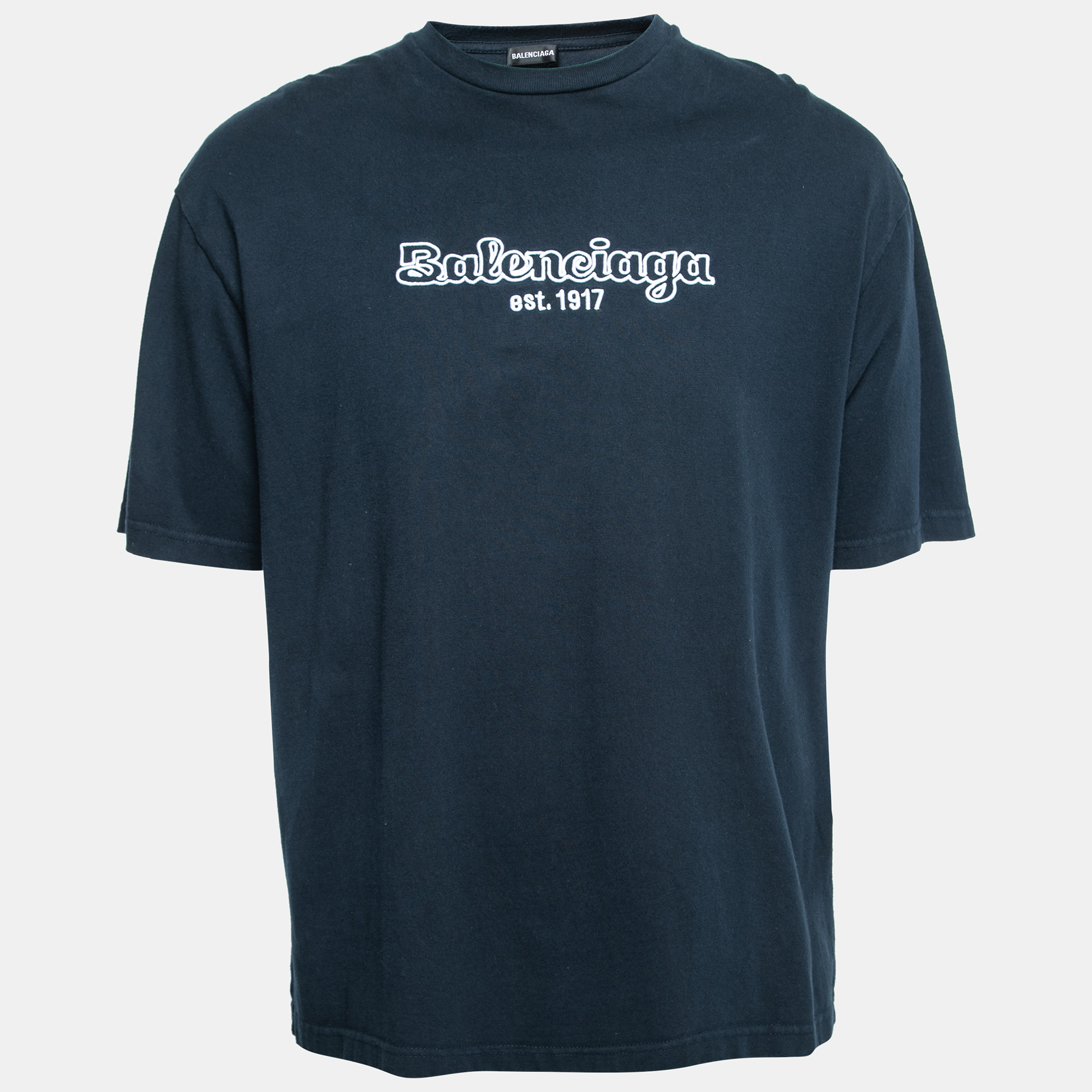 Pre-owned Balenciaga Navy Blue Logo Embroidered Cotton T-shirt S
