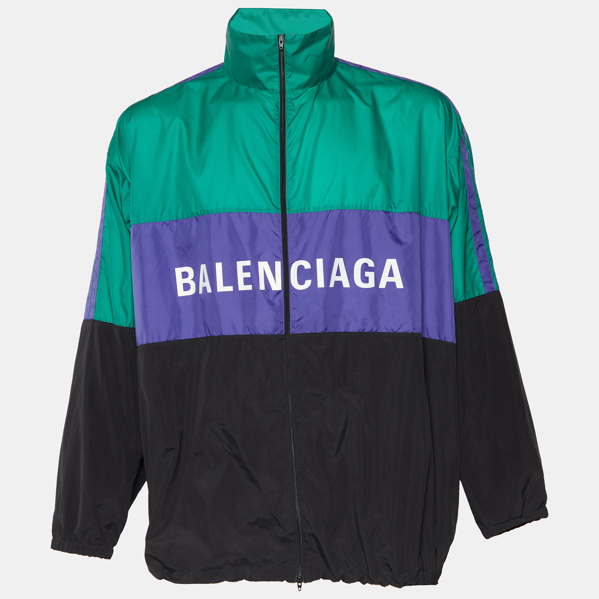 Pre-owned Balenciaga Color Block Logo Printed Synthetic Oversized Jacket Xs In Multicolor