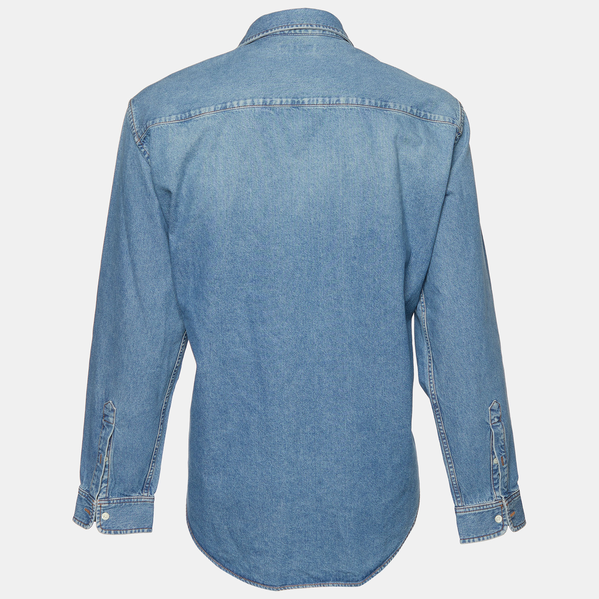 

Balenciaga Blue Denim Logo Embroidered Oversized Shirt