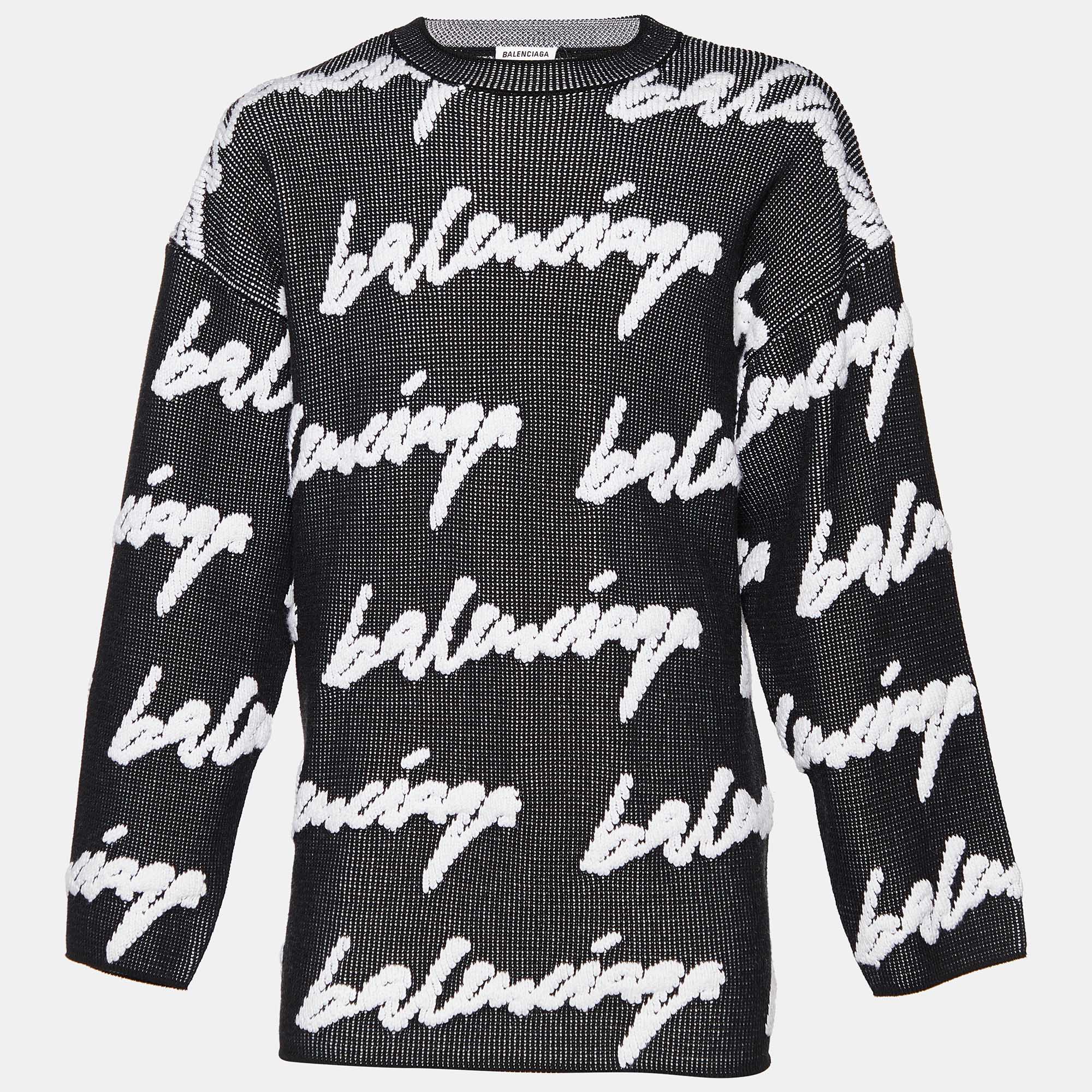Pre-owned Balenciaga Black Logo Intarsia Knit Oversized Sweater L