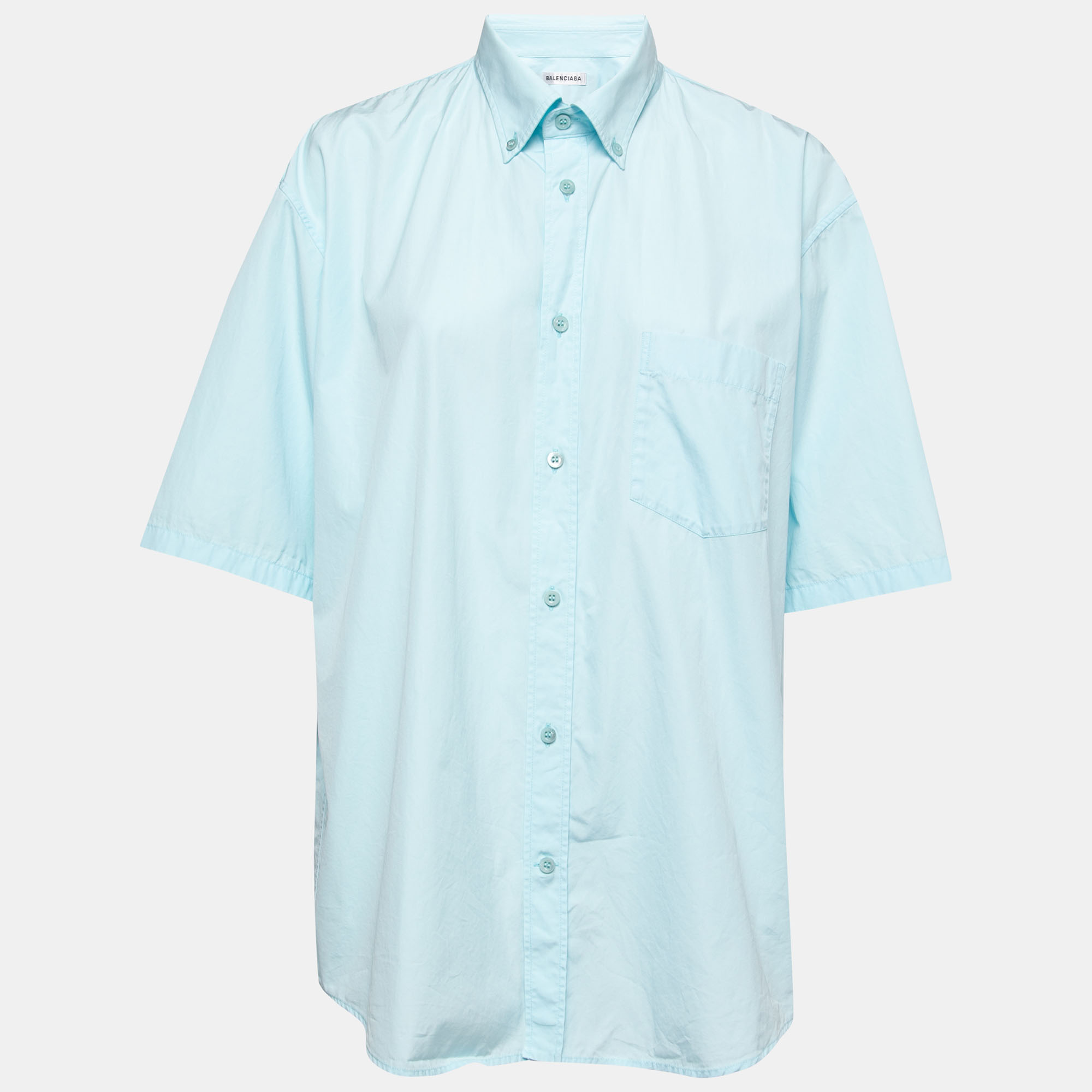 Pre-owned Balenciaga Sky Blue Cotton Back Logo Print Short-sleeve Shirt S