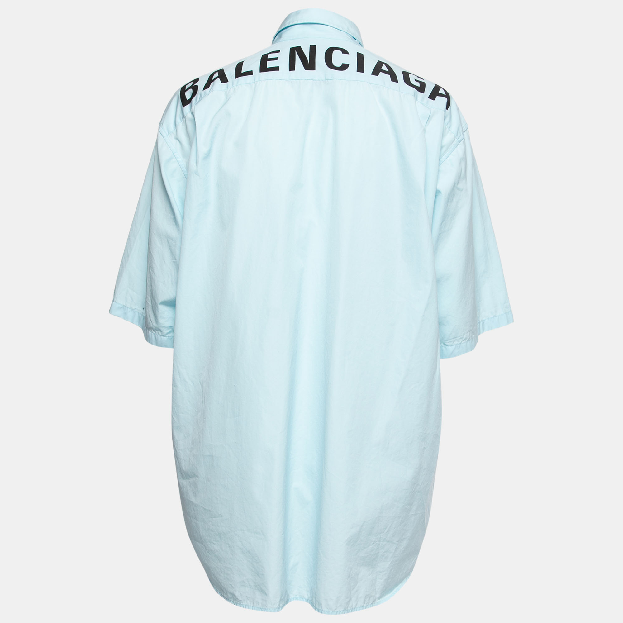 

Balenciaga Sky Blue Cotton Back Logo Print Short-Sleeve Shirt