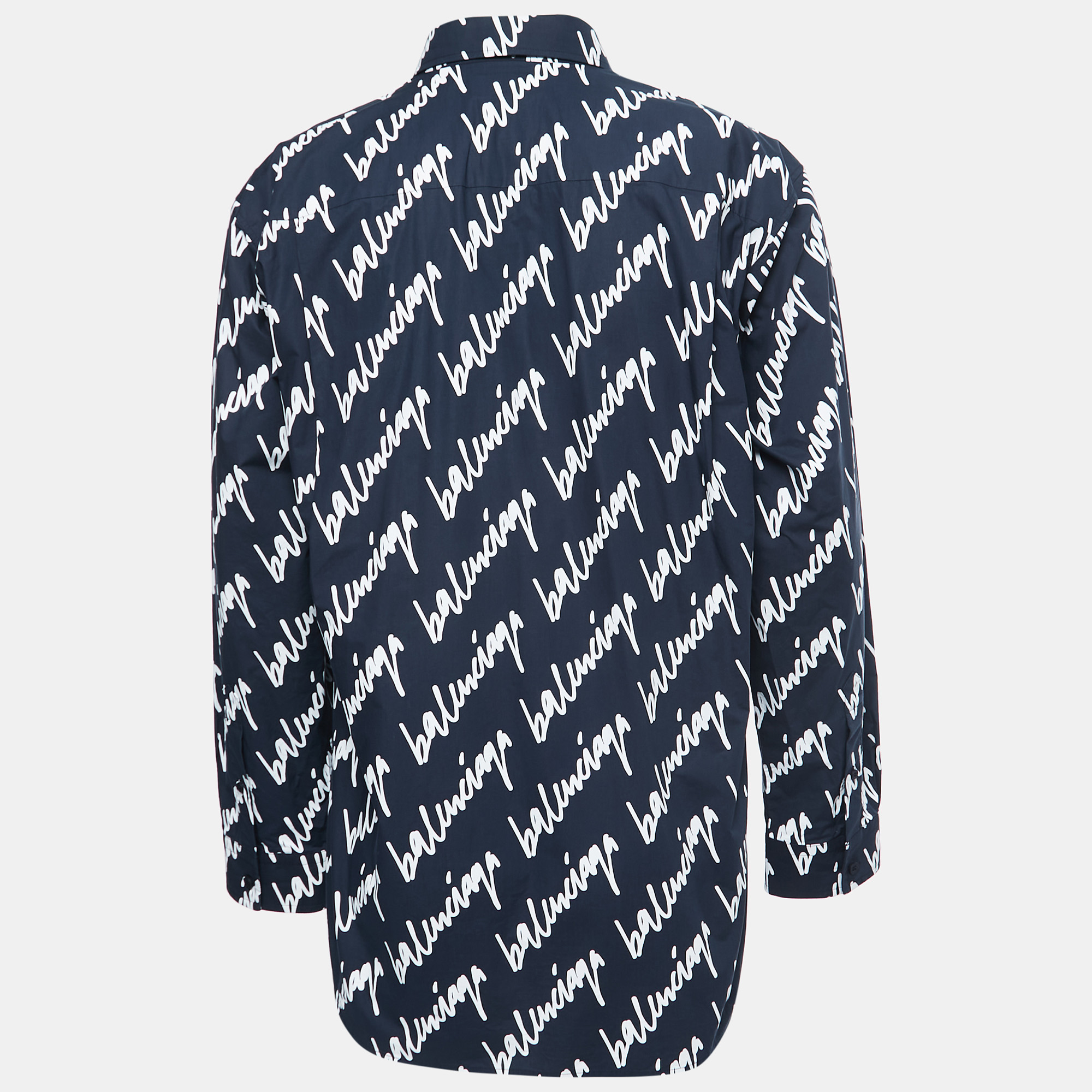 

Balenciaga Midnight Blue Cotton All Over Logo Printed Oversized Shirt