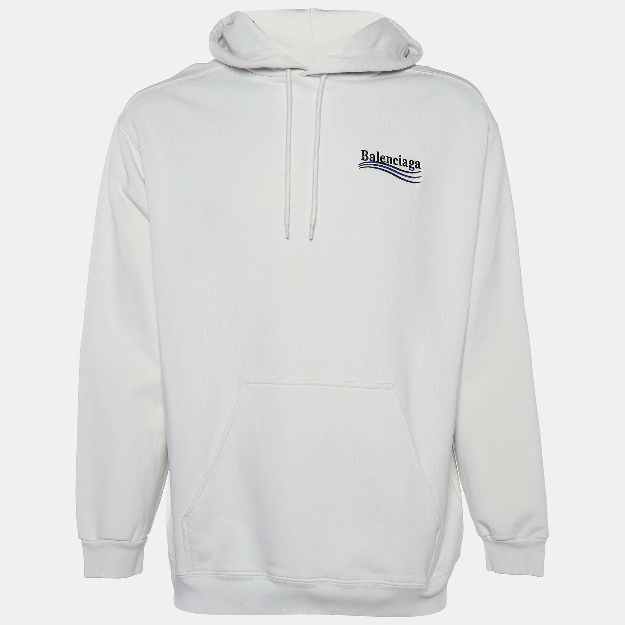 Pre-owned Balenciaga White Wave Logo Embroidered Cotton Knit Hoodie M