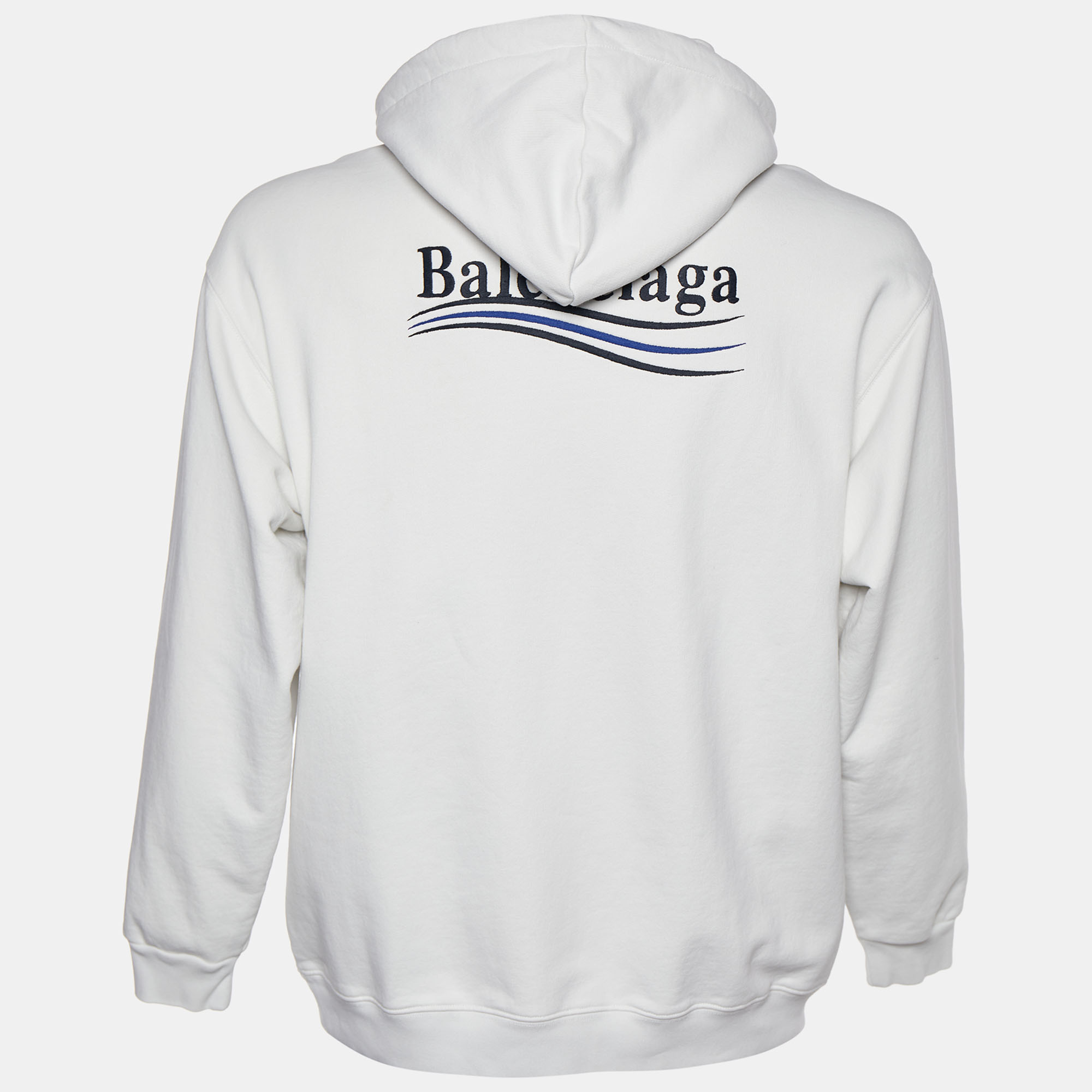 

Balenciaga White Wave Logo Embroidered Cotton Knit Hoodie