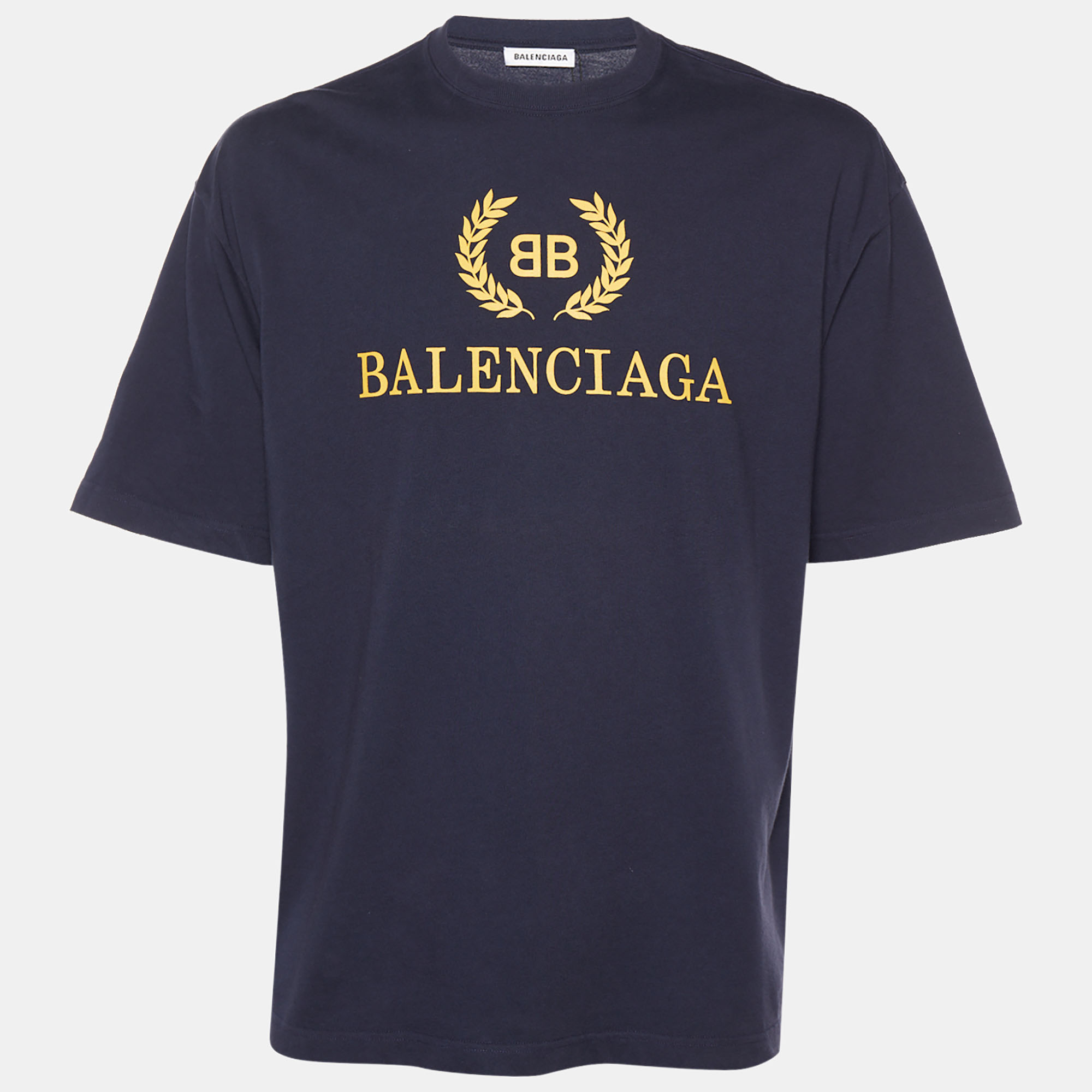 Pre-owned Balenciaga Navy Blue Logo Printed Cotton Knit Oversized T-shirt S
