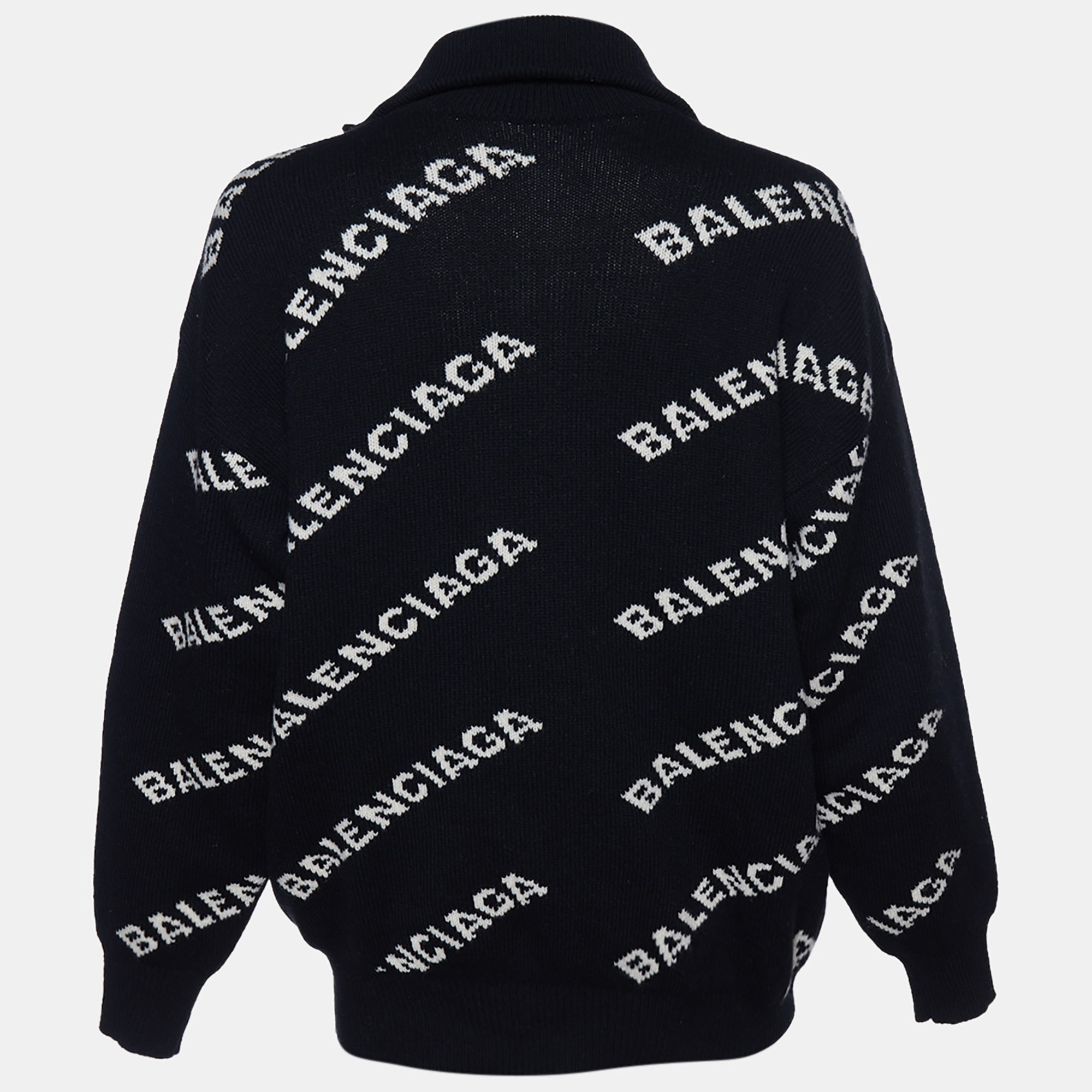 

Balenciaga Black Allover Logo Intarsia Knit Zip Detail Turtleneck Sweater