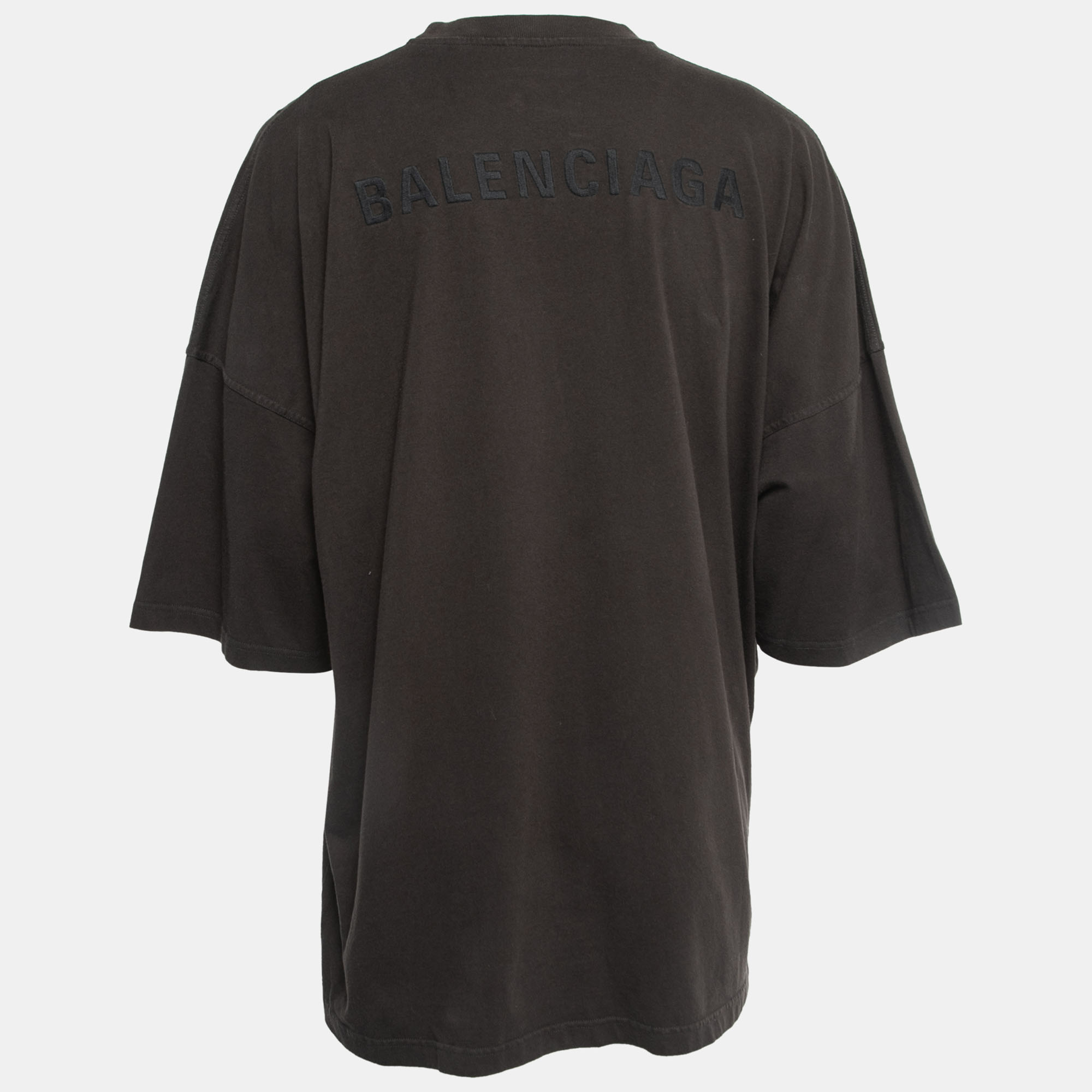 

Balenciaga Charcoal Grey Logo Embroidered Cotton Knit Oversized T-Shirt