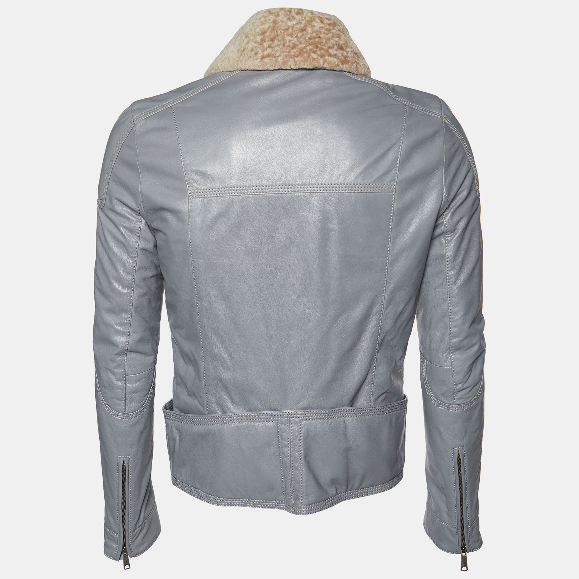 

Balenciaga Grey Leather & Fur Collar Zip Front Jacket