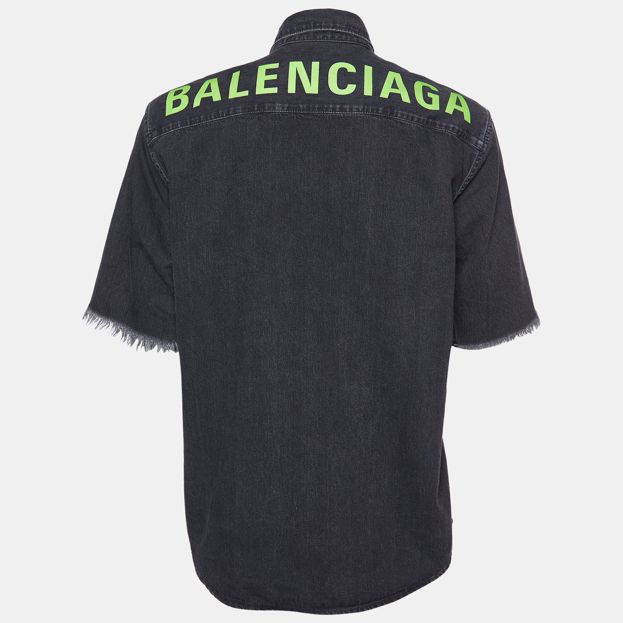 

Balenciaga Black Logo Printed Denim Frayed Sleeve Oversized Shirt, Grey