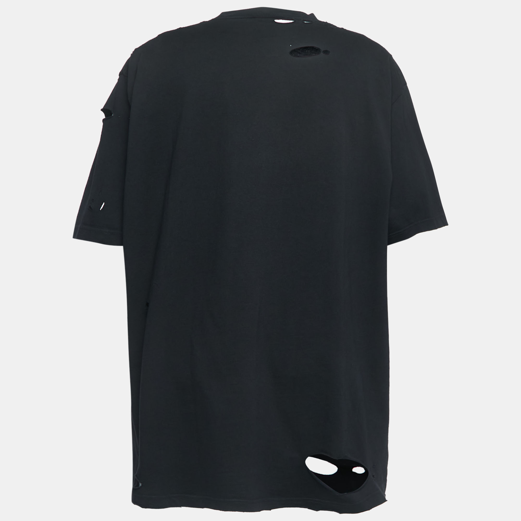 

Balenciaga Black Distressed Ripped Cotton Logo Print T-Shirt