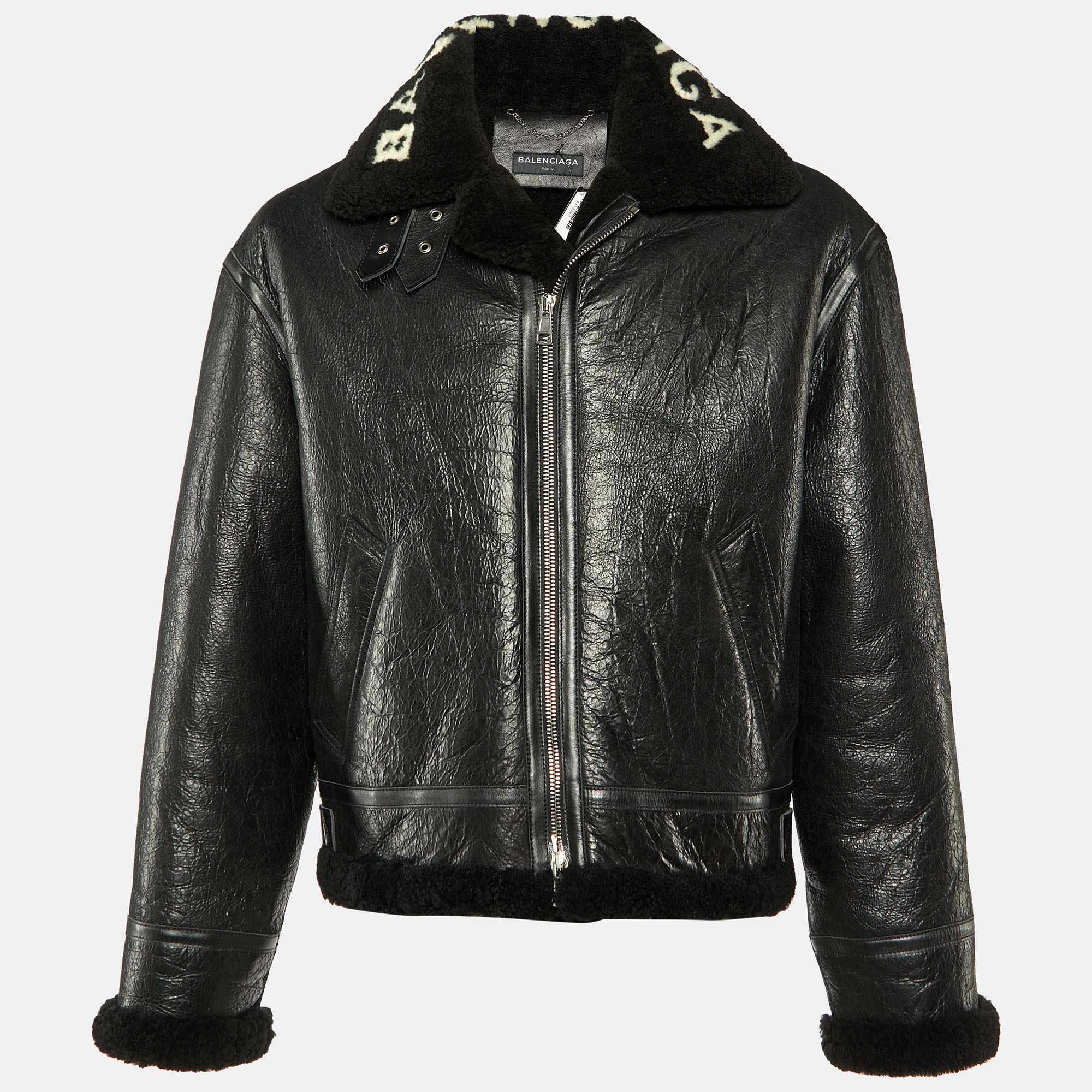 

Balenciaga Black Texture Leather & Logo Shearling Jacket XL