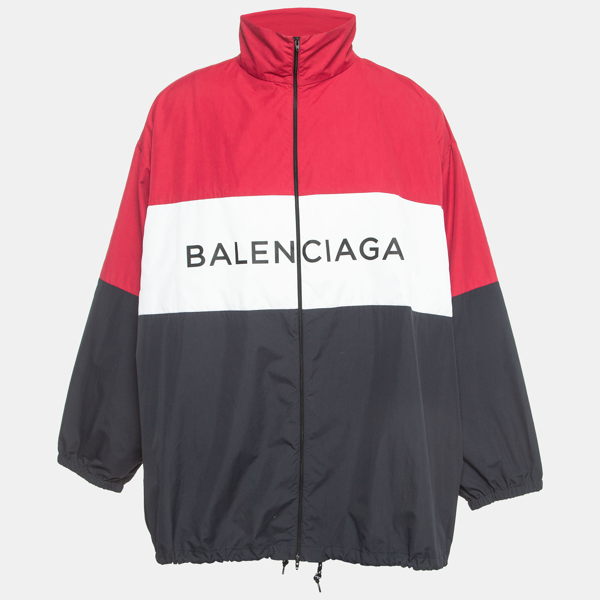 Balenciaga Multicolor Logo Print Nylon Zip Front Drawstring Hem Oversized Jacket XXS