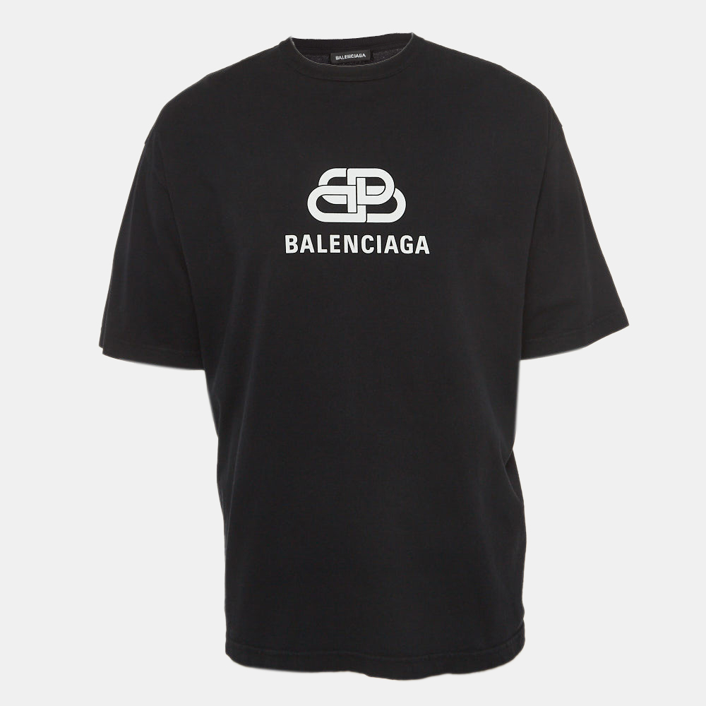 مملوكة مسبقًا Balenciaga Black Logo Print Cotton Half Sleeve T-Shirt M