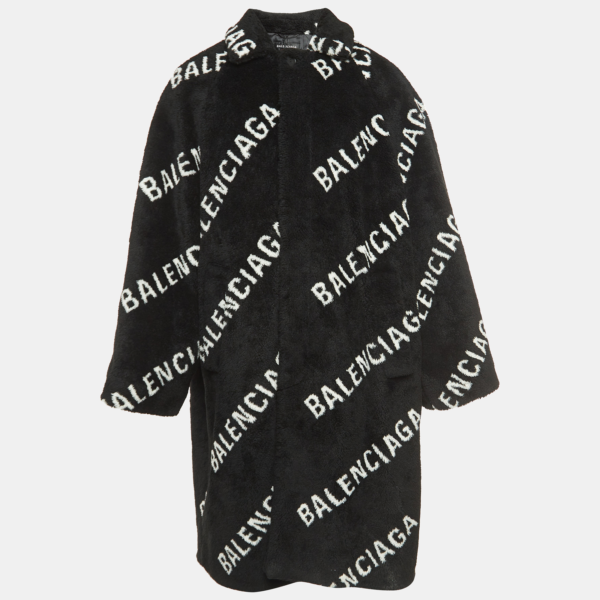 Pre-owned Balenciaga Black Logo Monogram Print Faux Fur Oversized Long Coat S
