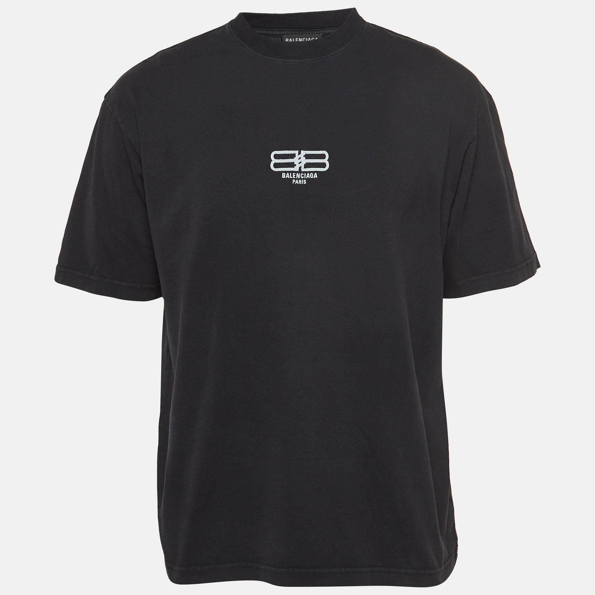 

Balenciaga Black Logo Embroidered Faded Cotton Crew Neck T-Shirt