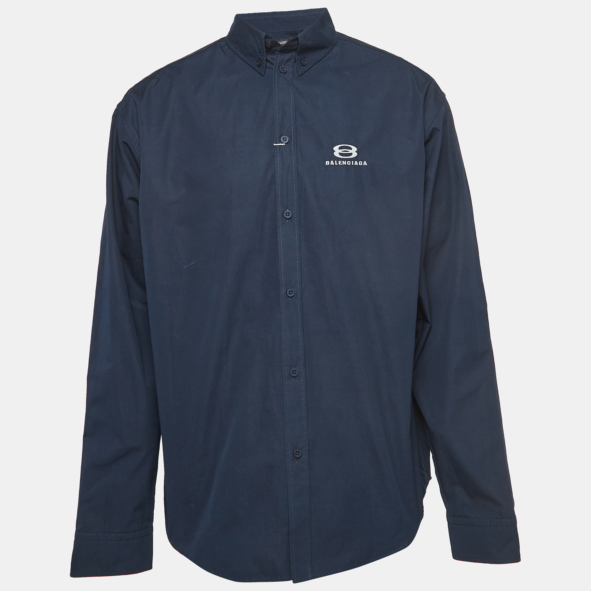 

Balenciaga Navy Blue Embroidered Cotton Over Sized Shirt