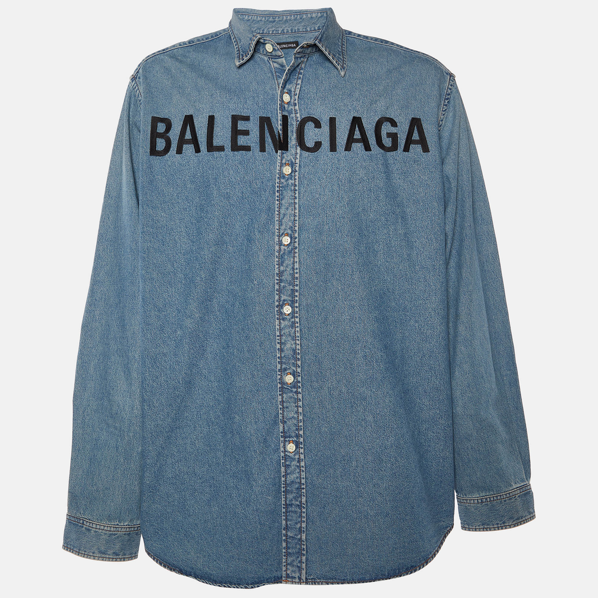 

Balenciaga Blue Denim Logo Embroidered Oversized Shirt