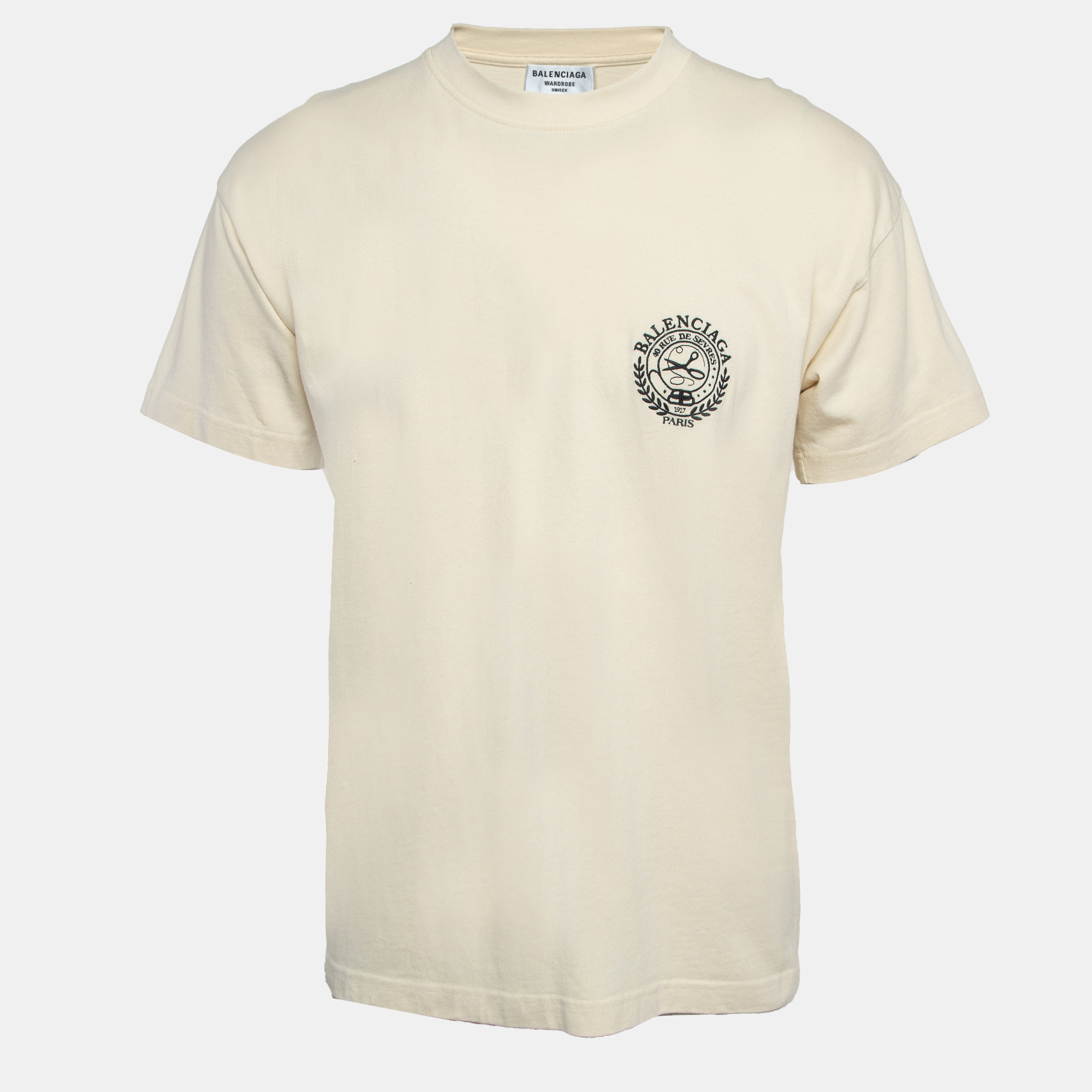 

Balenciaga Light Yellow Logo Embroidered Cotton Crew Neck T-Shirt