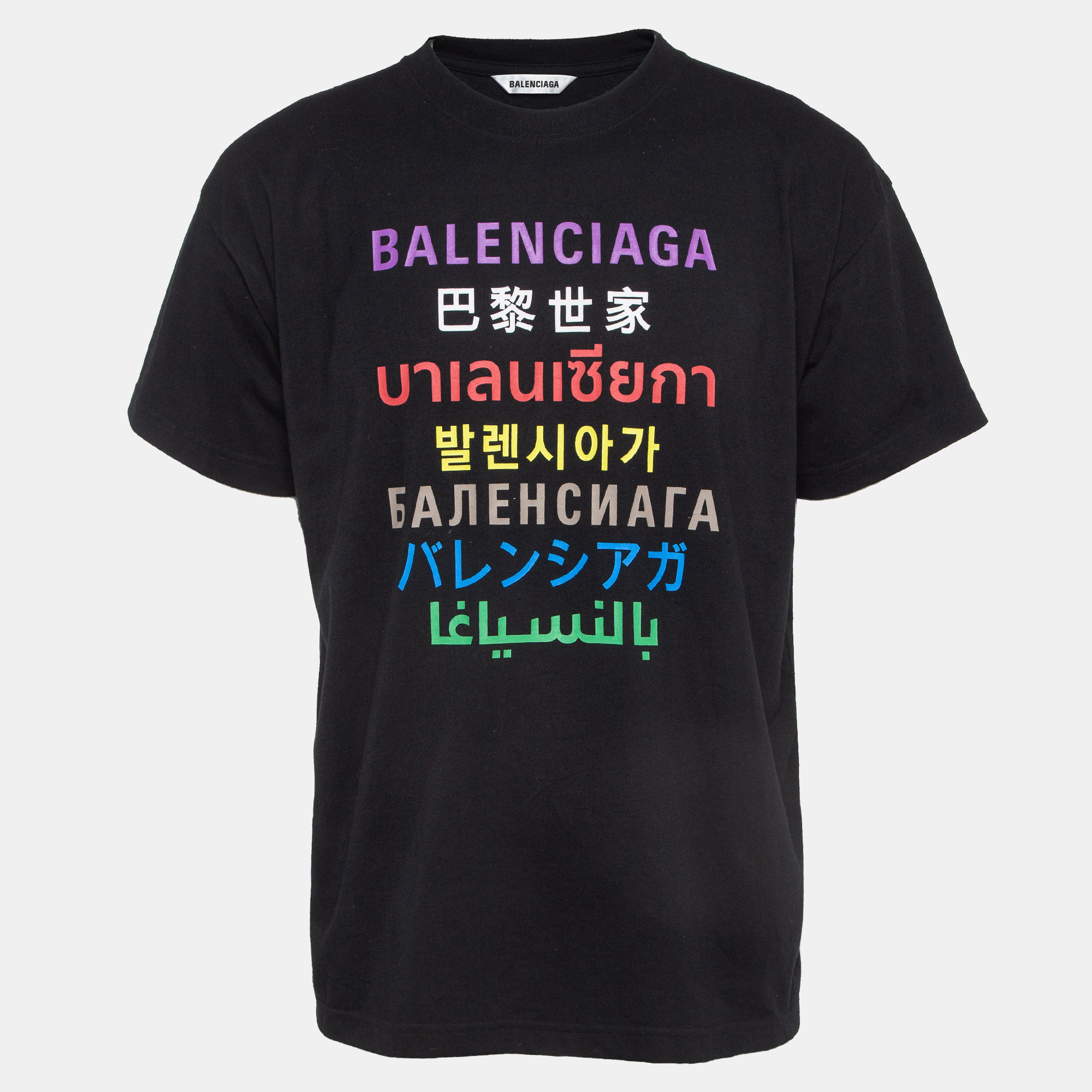 

Balenciaga Black Logo Print Cotton Crew Neck T-Shirt