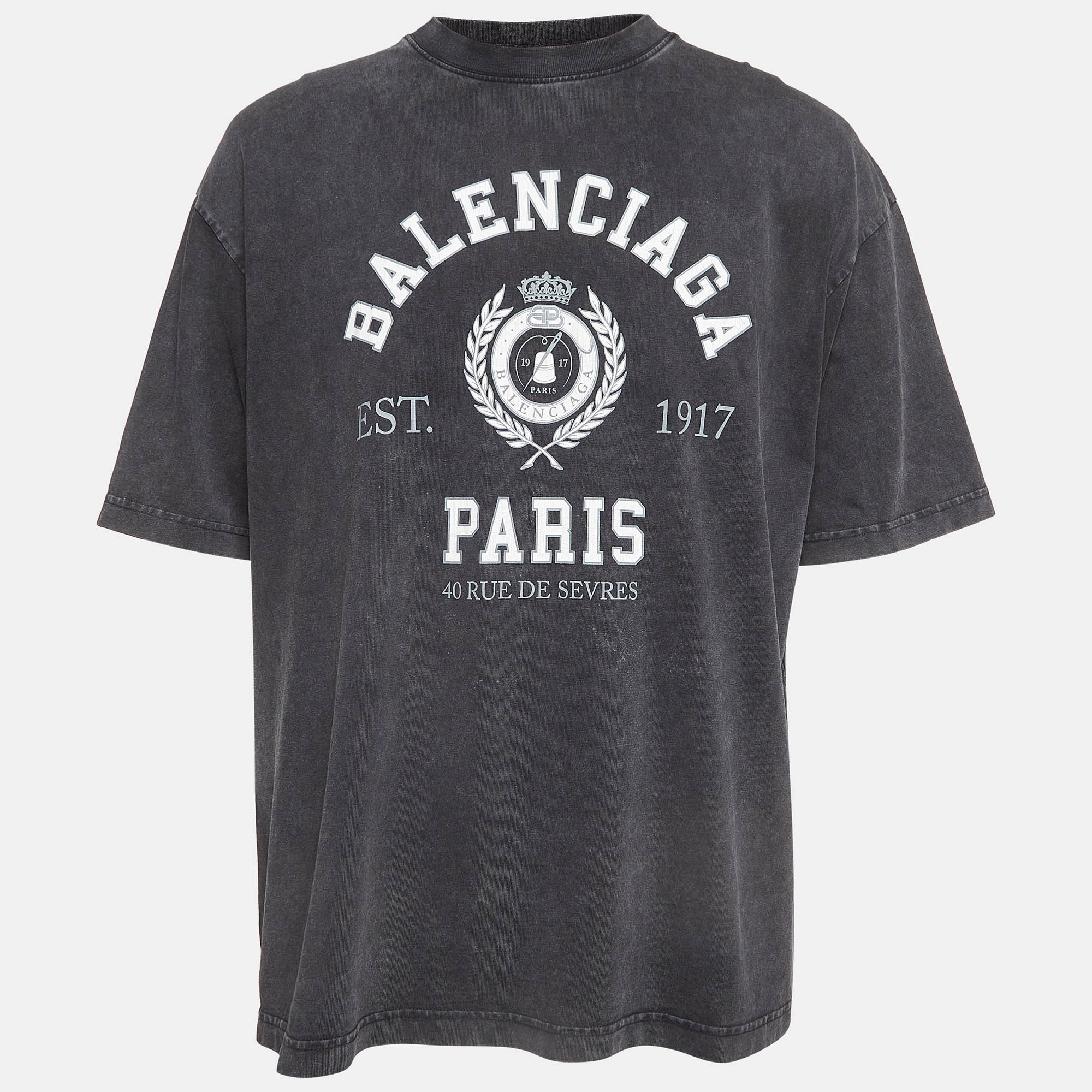 

Balenciaga Grey Vintage Washed Logo Print Cotton Knit Tshirt