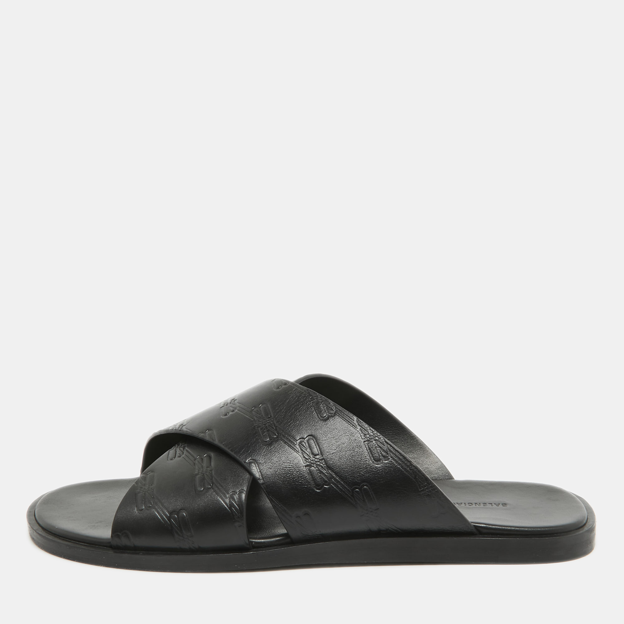 

Balenciaga Black Logo Embossed Leather Slides Size