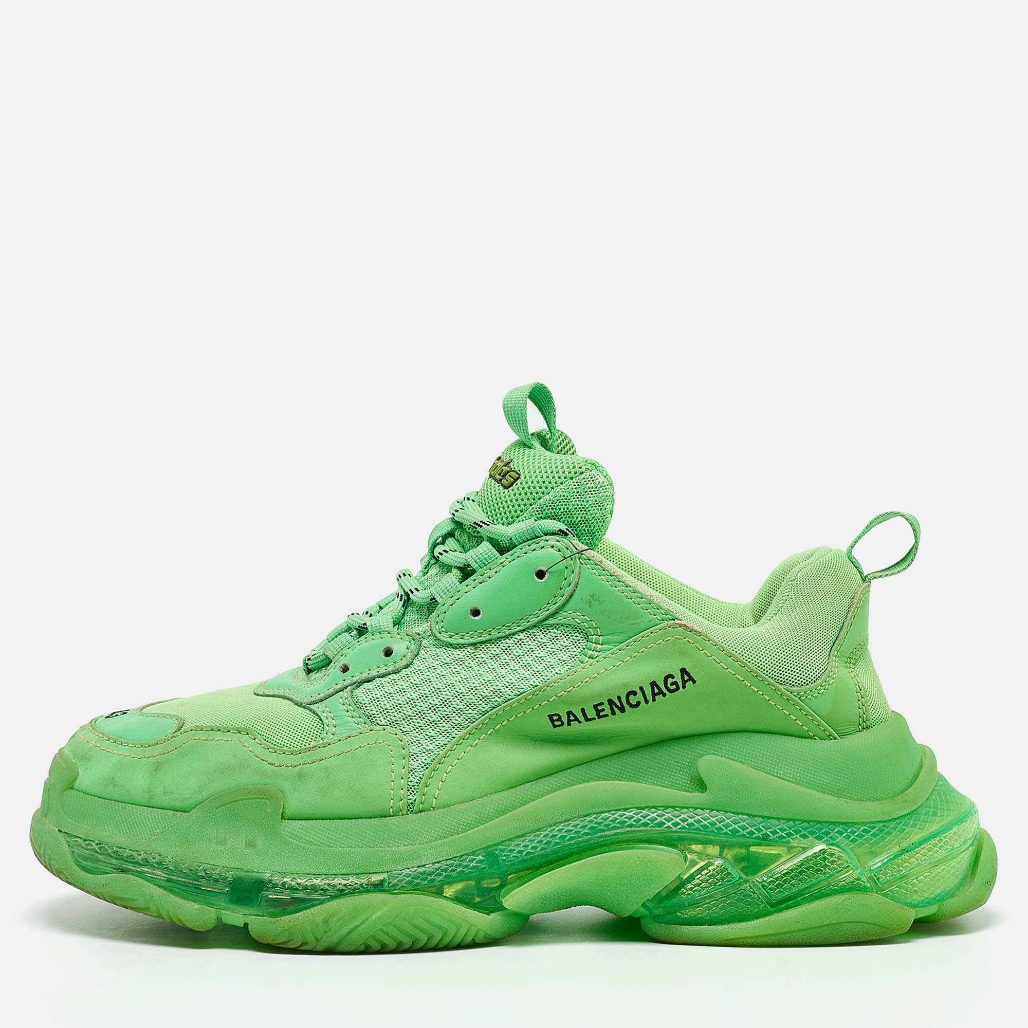 

Balenciaga Green Faux Leather and Mesh Triple S Clear Sole Lace Up Sneakers Size