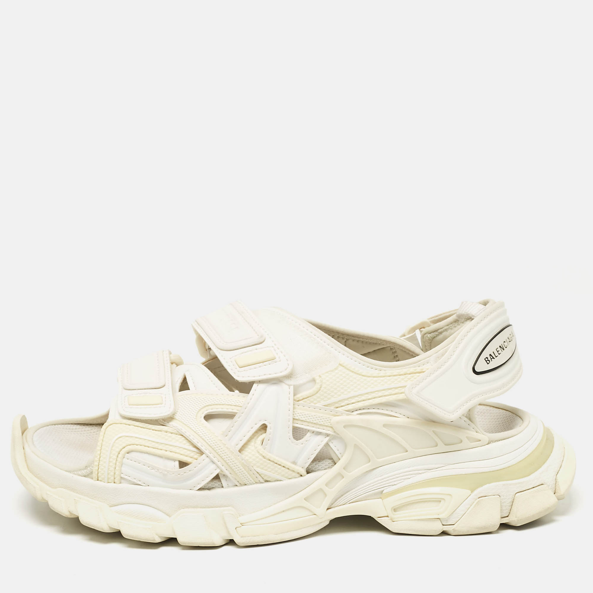 

Balenciaga Cream Faux Leather Track Flat Sandals Size