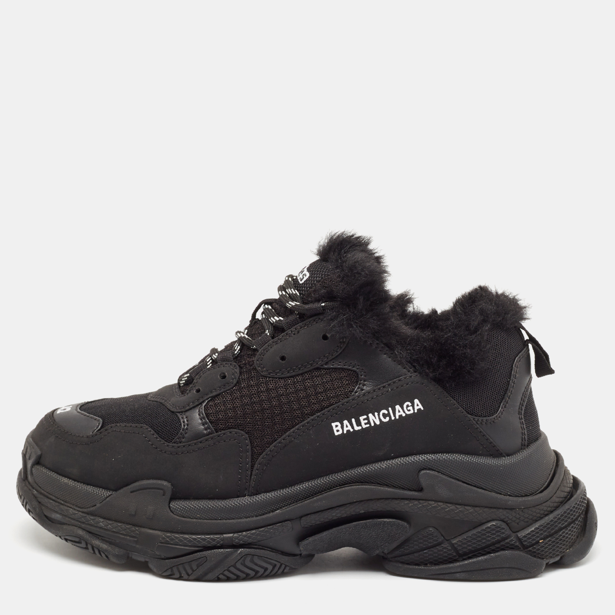 

Balenciaga Black Fur and Mesh Triple S Lace Up Sneakers Size