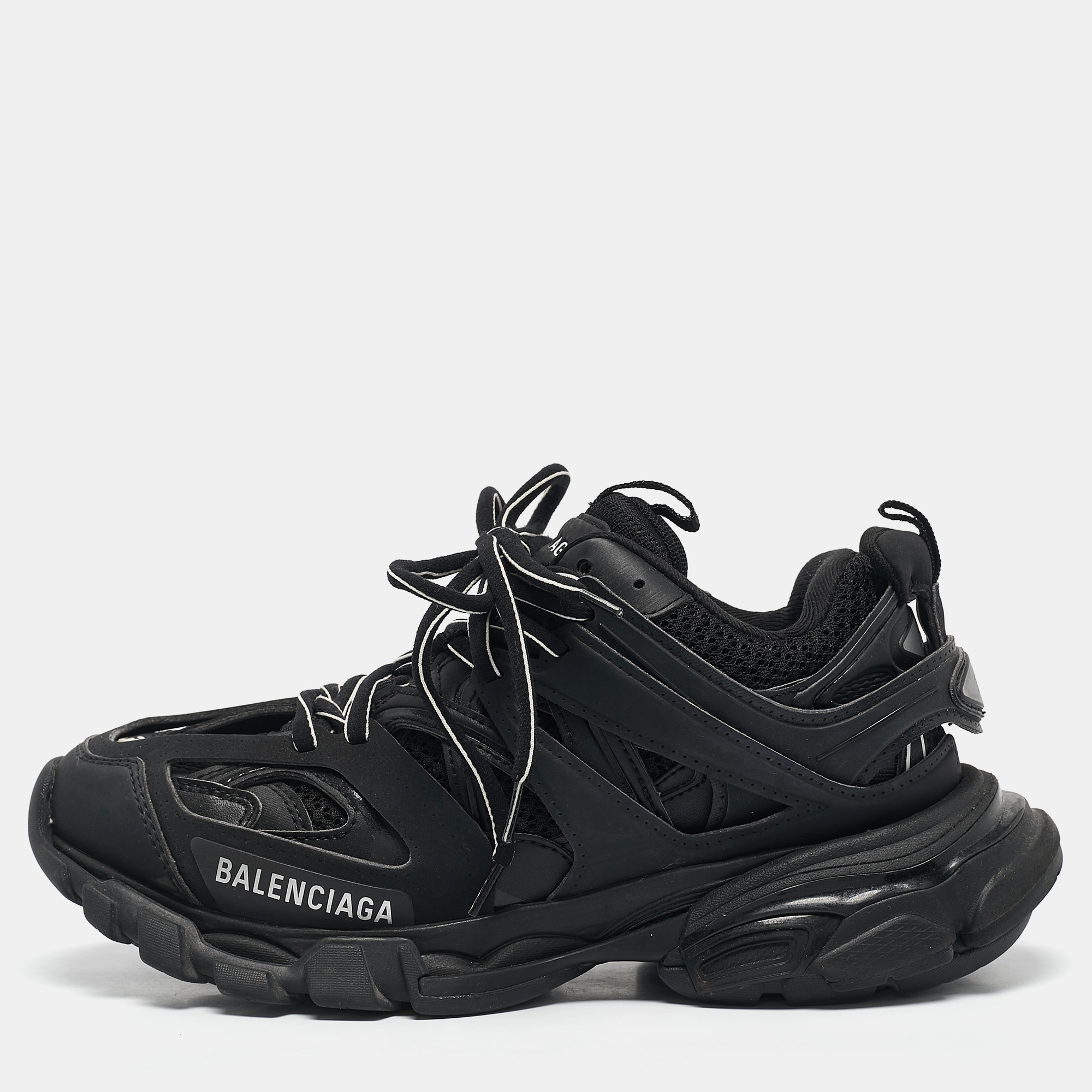 

Balenciaga Black Faux Leather and Mesh Track Sneakers Size