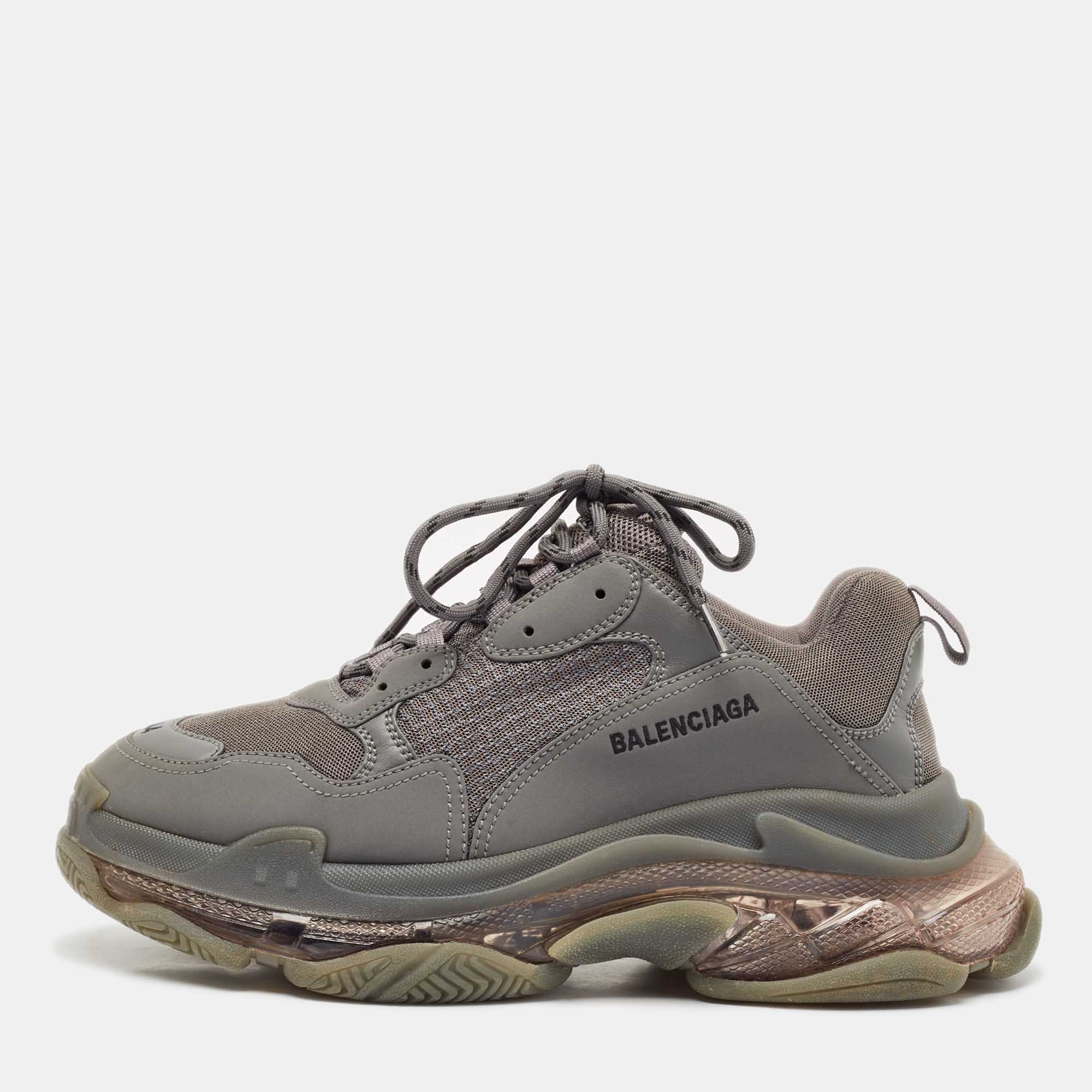 

Balenciaga Grey Faux Leather and Mesh Triple S Clear Sole Sneakers Size