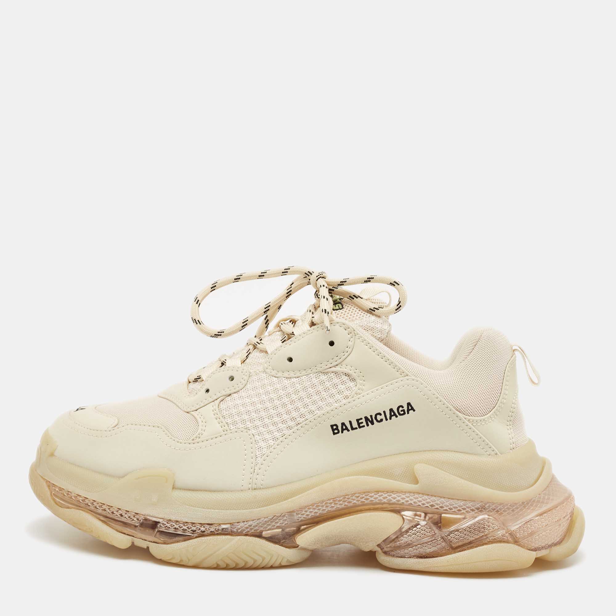 

Balenciaga Cream Faux Leather and Mesh Triple S Clear Sole Sneakers Size