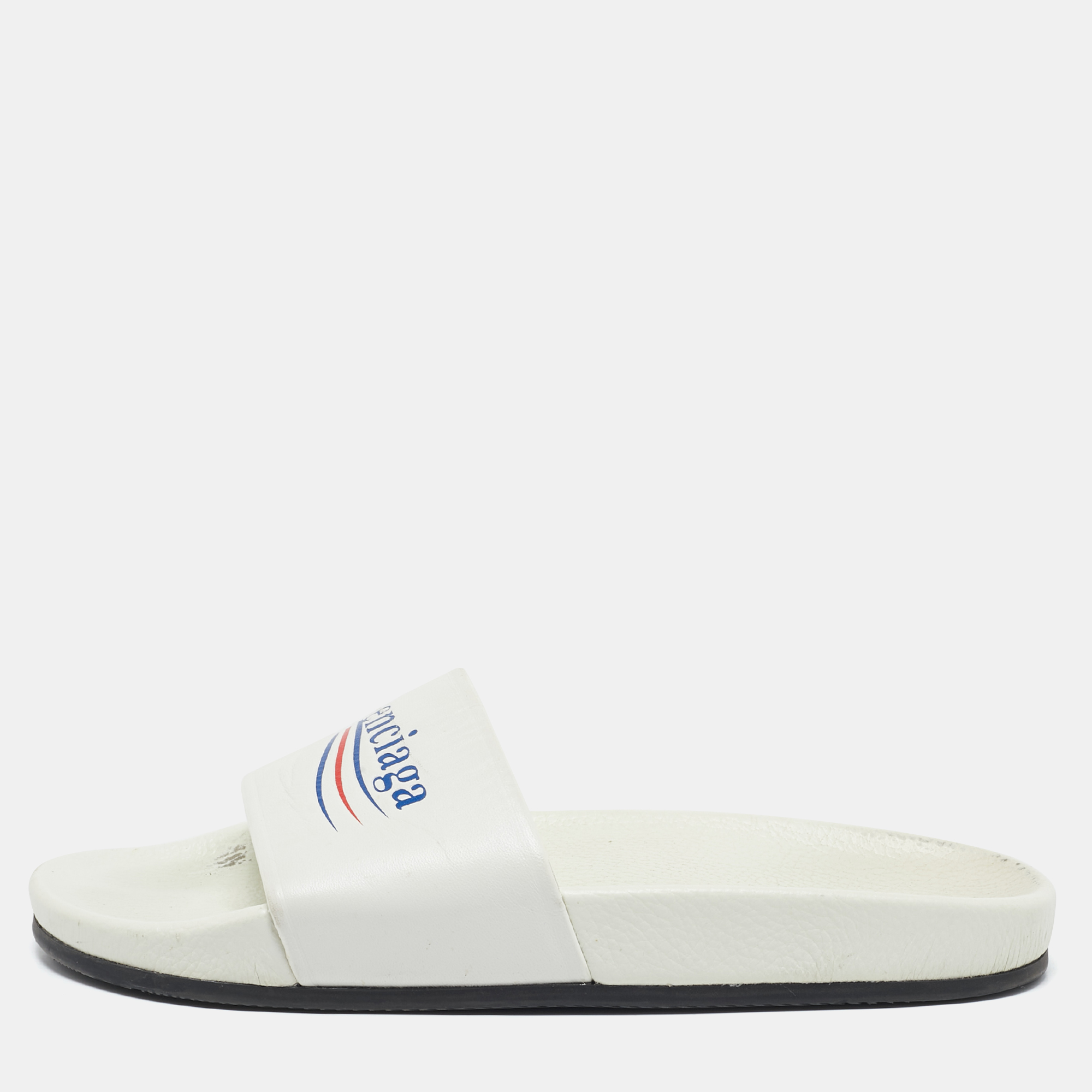 

Balenciaga White Leather Political Logo Pool Slides Size