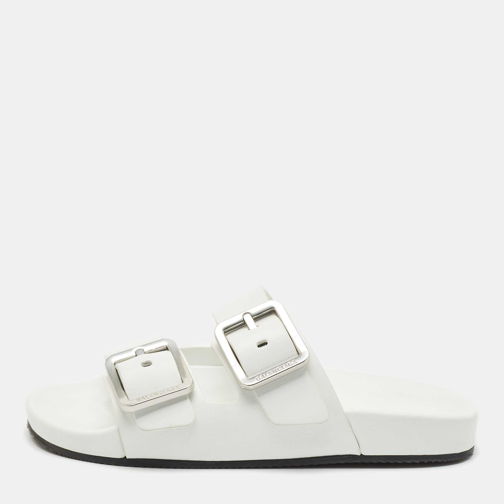 

Balenciaga White Leather Mallorca Flat Slides Size