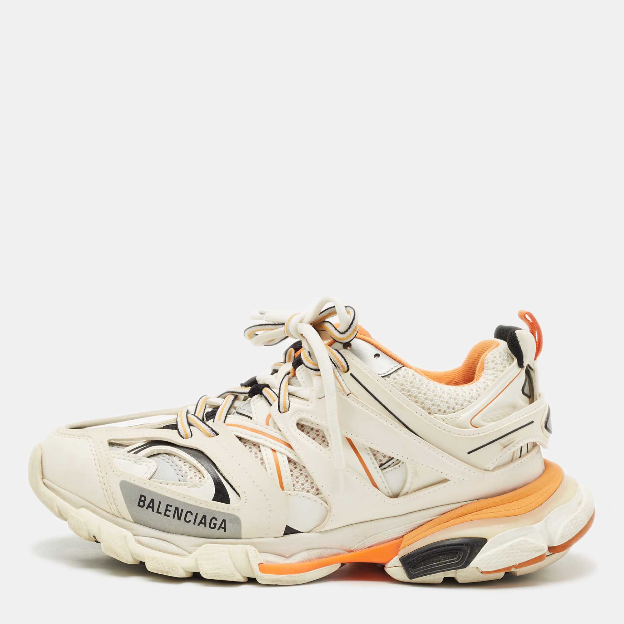 Pre-owned Balenciaga White/orange Mesh And Faux Leather Track Low Top Trainers Size 40
